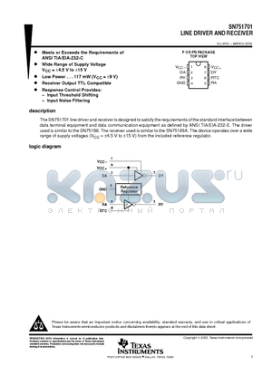 SN751701 datasheet - LINE DRIVER AND RECEIVER