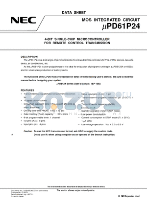 UPD61P24CS datasheet - 4-BIT SINGLE-CHIP MICROCONTROLLER FOR REMOTE CONTROL TRANSMISSION