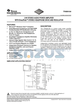 TPA6041A4 datasheet - 2-W STEREO AUDIO POWER AMPLIFIER WITH DirectPath STEREO HEADPHONE DRIVE AND REGULATOR