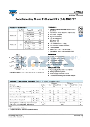 SI1035X datasheet - Complementary N- and P-Channel 20 V (D-S) MOSFET