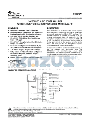 TPA6040A4 datasheet - 2-W STEREO AUDIO POWER AMPLIFIER WITH DirectPath STEREO HEADPHONE DRIVE AND REGULATOR