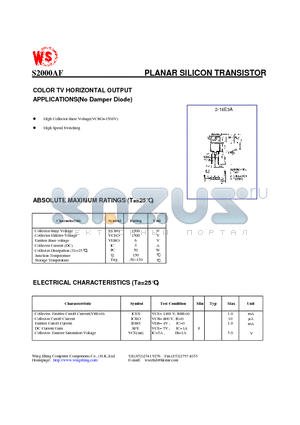 S2000AF datasheet - PLANAR SILICON TRANSISTOR NPN TRIPLE DIFFUSED(COLOR TV HORIZONTAL OUTPUT APPLICATIONS)