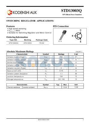 STD13003Q datasheet - SWITCHING REGULATOR APPLICATIONS