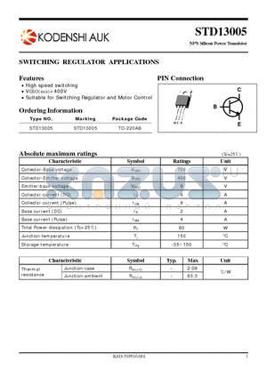 STD13005 datasheet - SWITCHING REGULATOR APPLICATIONS