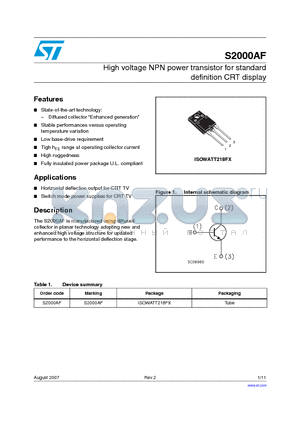 S2000AF_0708 datasheet - High voltage NPN power transistor for standard definition CRT display