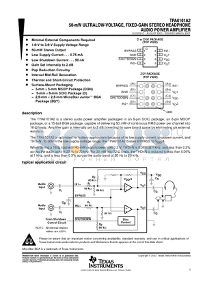 TPA6101A2D datasheet - 50-mW ULTRALOW-VOLTAGE, FIXED-GAIN STEREO HEADPHONE AUDOI POWER AMPLIFIER