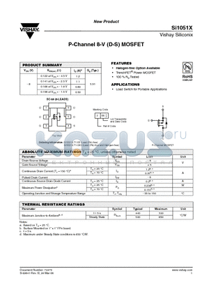 SI1051X-T1-E3 datasheet - P-Channel 8-V (D-S) MOSFET