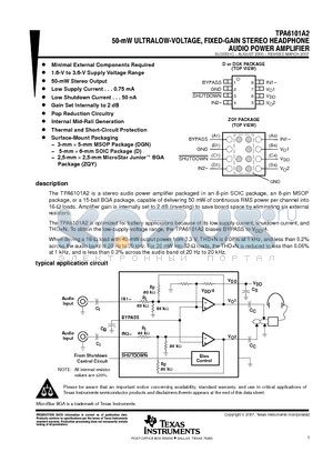 TPA6101A2ZQYR datasheet - 50-mW ULTRALOW-VOLTAGE, FIXED-GAIN STEREO HEADPHONE AUDOI POWER AMPLIFIER