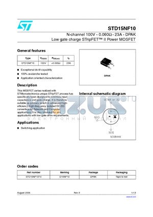 STD15NF10T4 datasheet - N-channel 100V - 0.060ohm- 23A - DPAK Low gate charge STripFET II Power MOSFET