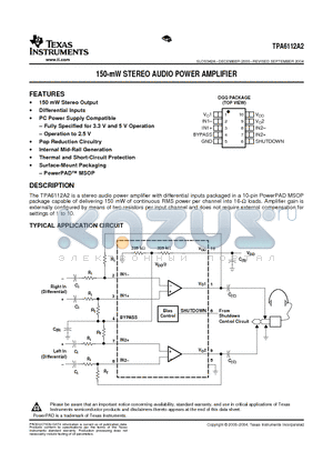 TPA6112A2 datasheet - 150-mW STEREO AUDIO POWER AMPLIFIER