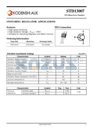 STD13007 datasheet - SWITCHING REGULATOR APPLICATIONS