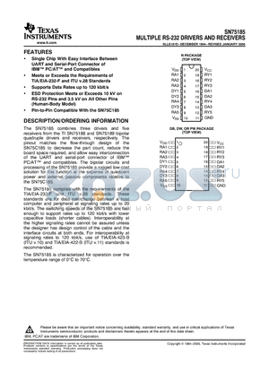 SN75185DBRG4 datasheet - MULTIPLE RS-232 DRIVERS AND RECEIVERS