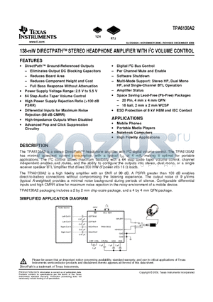 TPA6130A2RTJR datasheet - 138-mW DIRECTPATH STEREO HEADPHONE AMPLIFIER WITH I2C VOLUME CONTROL