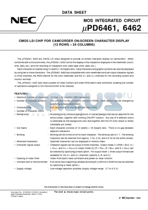 UPD6461 datasheet - CMOS LSI CHIP FOR CAMCORDER ON-SCREEN CHARACTER DISPLAY 12 ROWS x 24 COLUMNS