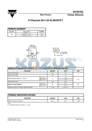 SI1301DL datasheet - P-Channel 20-V (D-S) MOSFET