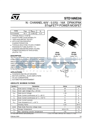 STD16NE06 datasheet - N - CHANNEL 60V - 0.07ohm - 16A DPAK/IPAK STripFET POWER MOSFET