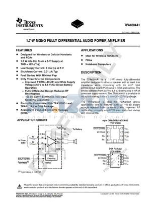 TPA6204A1DGN datasheet - 1.7W MONO FULLY DIFFERENTIAL AUDIO POWER AMPLIFIER