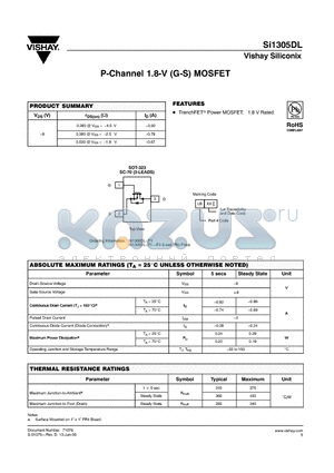 SI1305DL-T1 datasheet - P-Channel 1.8-V (G-S) MOSFET