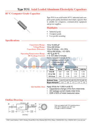 TCG112U025J1L datasheet - Axial Leaded Aluminum Electrolytic Capacitors