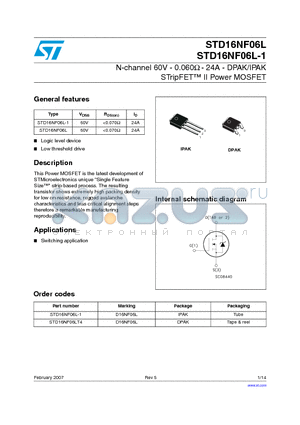 STD16NF06L datasheet - N-channel 60V - 0.060Y - 24A - DPAK/IPAK STripFET II Power MOSFET