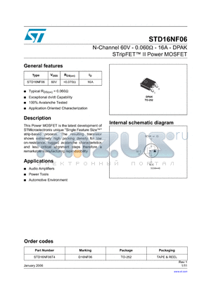 STD16NF06L-1 datasheet - N-channel 60V - 0.060 - 24A - DPAK/IPAK STripFET  II Power MOSFET