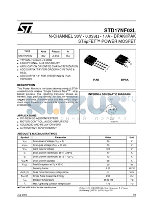 STD17NF03 datasheet - N-CHANNEL 30V - 0.038ohm - 17A - DPAK/IPAK STripFET POWER MOSFET