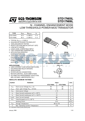 STD17N05L datasheet - N - CHANNEL ENHANCEMENT MODE LOW THRESHOLD POWER MOS TRANSISTOR