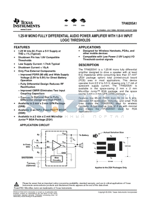 TPA6205A1DRBTG4 datasheet - 1.25-W MONO FULLY DIFFERENTIAL AUDIO POWER AMPLIFIER WITH 1.8-V INPUT LOGIC THRESHOLDS
