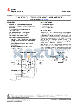 TPA6211A1-Q1 datasheet - 3.1-W MONO FULLY DIFFERENTIAL AUDIO POWER AMPLIFIER