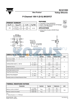 SI1411DH datasheet - P-Channel 150-V (D-S) MOSFET