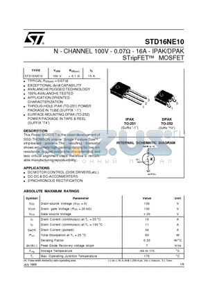 STD16NE10 datasheet - N - CHANNEL 100V - 0.07ohm - 16A - IPAK/DPAK STripFET MOSFET