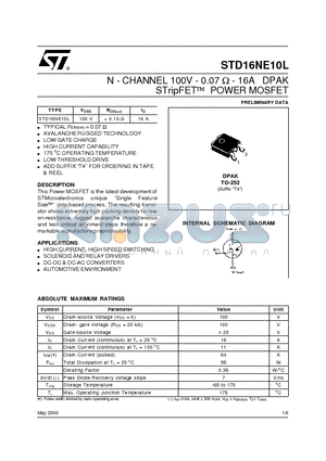 STD16NE10L datasheet - N - CHANNEL 100V - 0.07 ohm - 16A DPAK STripFET POWER MOSFET