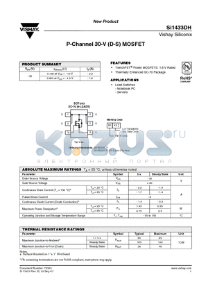 SI1433DH-T1 datasheet - P-Channel 30-V (D-S) MOSFET