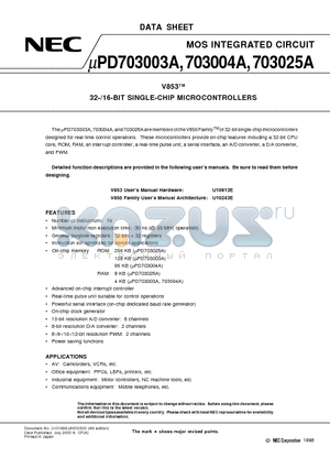 UPD703003AGC-25 datasheet - V853TM 32-/16-BIT SINGLE-CHIP MICROCONTROLLERS