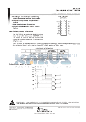 SN75374 datasheet - QUADRUPLE MOSFET DRIVER