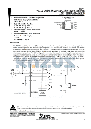 TPA731DGN datasheet - 700-mW MONO LOW-VOLTAGE AUDIO POWER AMPLIFIER WITH DIFFERENTIAL INPUTS