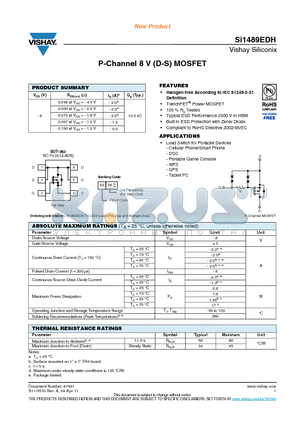 SI1489EDH datasheet - P-Channel 8 V (D-S) MOSFET