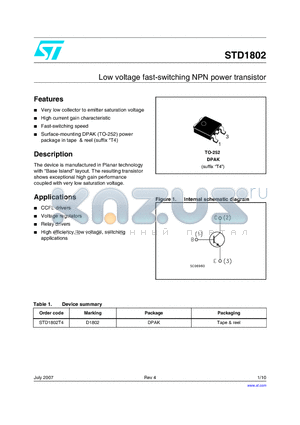 STD1802_07 datasheet - Low voltage fast-switching NPN power transistor