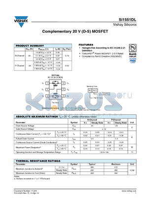 SI1551DL_10 datasheet - Complementary 20 V (D-S) MOSFET