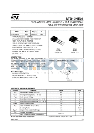 STD19NE06 datasheet - N-CHANNEL 60V - 0.042 W - 19A IPAK/DPAK STripFET POWER MOSFET