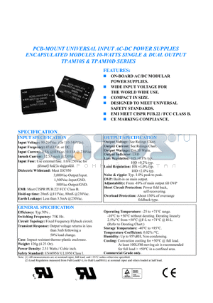 TPAM10D-033120 datasheet - PCB-MOUNT UNIVERSAL INPUT AC-DC POWER SUPPLIES ENCAPSULATED MODULES 10-WATTS SINGLE AND DUAL OUTPUT TPAM10S AND TPAM10D SERIES