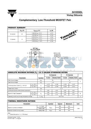 SI1555DL datasheet - Complementary Low-Threshold MOSFET Pair