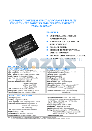 TPAM15S-180083 datasheet - PCB-MOUNT UNIVERSAL INPUT AC-DC POWER SUPPLIES ENCAPSULATED MODULES 15-WATTS SINGLE OUTPUT TPAM15S SERIES