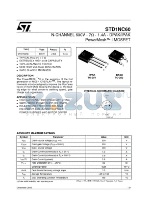 STD1NC60 datasheet - N-CHANNEL 600V - 7ohm - 1.4A - DPAK/IPAK PowerMeshII MOSFET