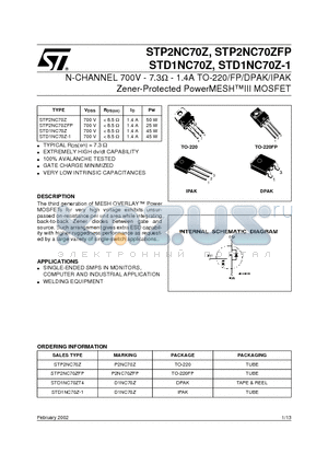 STD1NC70Z datasheet - N-CHANNEL 700V - 7.3ohm - 1.4A TO-220/FP/DPAK/IPAK Zener-Protected PowerMESHIII MOSFET