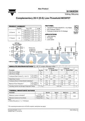 SI1563EDH-T1 datasheet - Complementary 20-V (D-S) Low-Threshold MOSFET