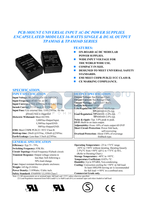 TPAM16S-050300 datasheet - PCB-MOUNT UNIVERSAL INPUT AC-DC POWER SUPPLIES ENCAPSULATED MODULES 16-WATTS SINGLE AND DUAL OUTPUT TPAM16S AND TPAM16D SERIES