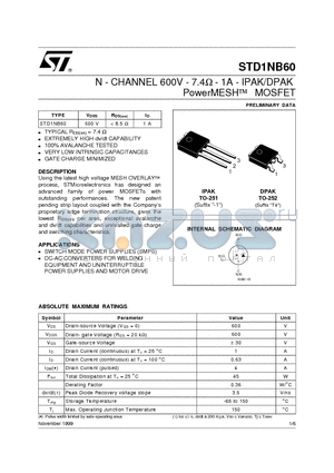STD1NB60 datasheet - N - CHANNEL 600V - 7.4ohm - 1A - IPAK/DPAK PowerMESH MOSFET