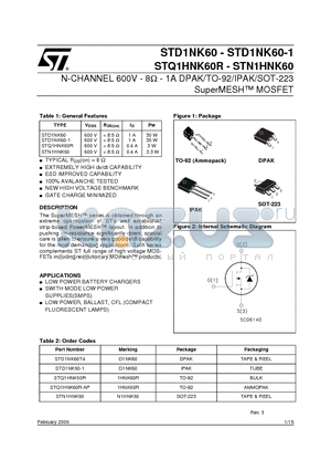 STD1NK60-1 datasheet - N-CHANNEL 600V - 8Y - 1A DPAK/TO-92/IPAK/SOT-223 SuperMESH MOSFET
