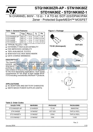 STD1NK80Z-1 datasheet - N-CHANNEL 800V - 13 Y - 1 A TO-92 /SOT-223/DPAK/IPAK Zener - Protected SuperMESH MOSFET